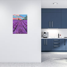 Load image into Gallery viewer, Room mock-up of a kitchen with painting on pale wall.  Image shows Lengths of lavender stretch out in front up a hill towards tall poplar trees with a pink sunlit sky above.