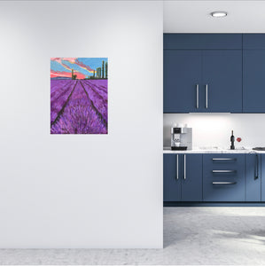 Room mock-up of a kitchen with painting on pale wall.  Image shows Lengths of lavender stretch out in front up a hill towards tall poplar trees with a pink sunlit sky above.