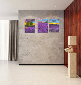 Three lavender paintings on a cream wall with a red wall to the side.  Room setting 