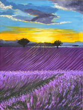 Load image into Gallery viewer, Lavender fields stretching out into the landscape with a purple orange sunset in the sky above,