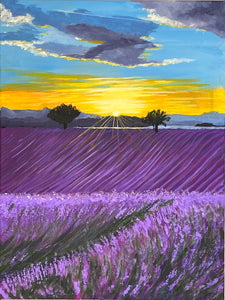 Lavender fields stretching out into the landscape with a purple orange sunset in the sky above,