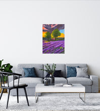 Load image into Gallery viewer, Painting of a lavender field in foreground with a copse of trees and a red roofed cottage within,  A red and purple sunset in the sky above.  Painted on a deep,canvas .  Shown in image in a room setting with a sofa in a room.