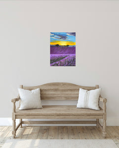 Lavender field painting shown in room setting above a seat