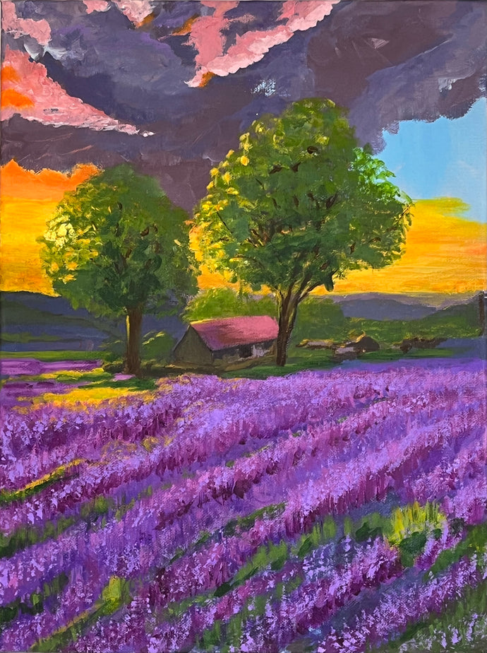 Painting of a lavender field in foreground with a copse of trees and a red roofed cottage within,  A red and purple sunset in the sky above.  Painted on a deep,canvas 
