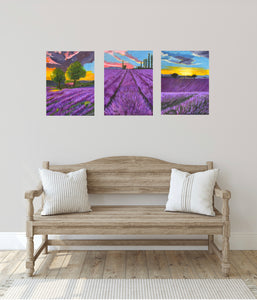 Three lavender paintings shown on a pale wall, side by side, together