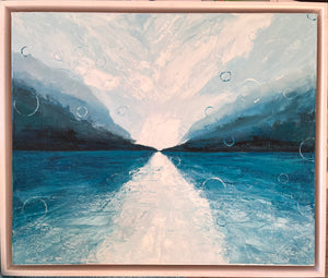 Indigo blue and white painting of serene lake   