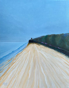 Painting showing an empty beach with blue seas and sky   Image Downhill, Co Derry NI 