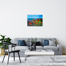 Load image into Gallery viewer, painting unframed in a room setting with a pale blue grey sofa and white walls