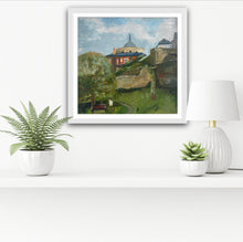 Load image into Gallery viewer, Image shows a white wall with shelf and potted green plants there on. Painting image framed in white on wall above the shelf. 
