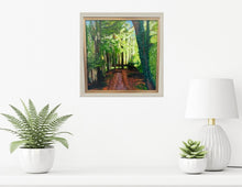 Load image into Gallery viewer, painting in a white gold frame in a room setting on a shelf   white background makes the painting pop