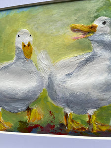 Close up of painting showing two ducks together 