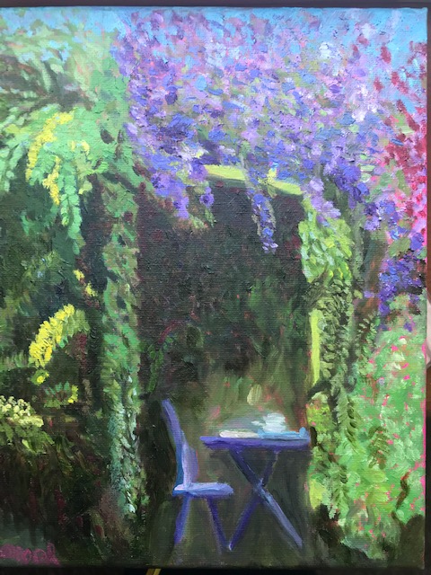 garden arbour filled with wisteria and greenery  purple blue table and chair beneath  sunlit and blue sky
