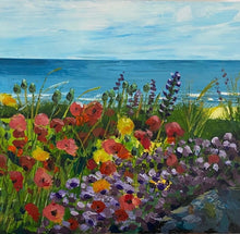 Load image into Gallery viewer, seaside floral painting image - a wall and small purple blooms along the bottom of the painting    wildflowers standing tall and the sea in the background