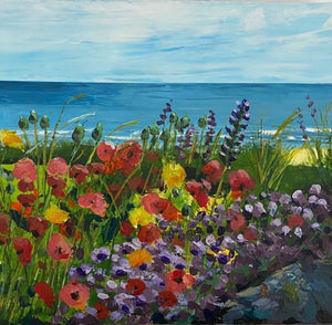 seaside floral painting image - a wall and small purple blooms along the bottom of the painting    wildflowers standing tall and the sea in the background