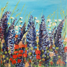Load image into Gallery viewer, purple lupins  red poppies  daisies and wildflowers  against a blue sky