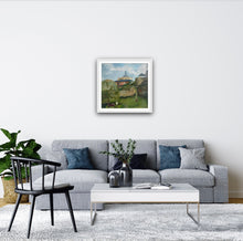 Load image into Gallery viewer, Room setting.  Comfortable sitting room with grey sofa. Painting framed in white on wall above sofa. 