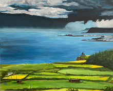 Load image into Gallery viewer, A dark stormy sky with rain clouds in the distance over the sea along the Northern Irish Coast at Portrush and Portstewart.  Mussenden Temple sitting on the green grass in the foreground of the painting with green gold fields  nearest and some houses and farm animals, hedges and poles to be seen..  A moody yet bright acrylic painting.  Art for sale   atmospheric sky  stormy  gifts ideas  