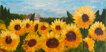 Load image into Gallery viewer, Close up of a row of sunflowers painting plein air in a sunflower field in Seapoint, Termonfeckin, Co Louth.  The trees and roofs of houses can be seen in the distance.  A light blue summery sky.  Art for sale .,  gift idea  Ireland   Florals  Sunflowers  Scenic  Blossoming