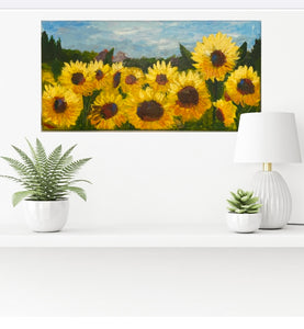 Image of painting on a white wall with shelf and potted plants. 