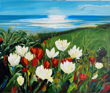 Load image into Gallery viewer, Creamy white tulips opened out in the foreground with red more closed tulips in behind them.  Long grasses and rushes amid some flowers.  Lawn and hedges can be seen in the distance.  The beach with the tide out is smitten with water and reflecting the clear sky above.  shining white.  SUmmer sky.  art for sale.  cheerful florals.