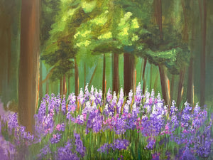 shadowy wooded area with tree trunks visible reflecting the sunlight.  Bluebells standing in the foreground of the painting are sunlit and bright in the centre top, florals getting darker towards the bottom.  sunlit leaves in the tree above