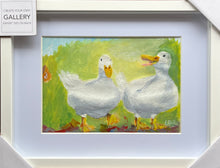 Load image into Gallery viewer, Two white ducks with yellow beaks and feet walking together side by side