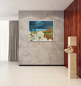 Room setting image with daisy painting on cream tiled wall in distance.  White frame. Room mock-up