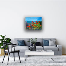 Load image into Gallery viewer, Room setting image of painting in white frame over a grey sofa in a comfortable sitting room  