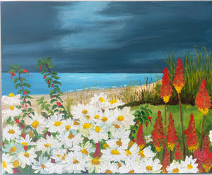 13.9 x10.7cm  white card. Image of seaside daisies and red hot poker flowers standing tall in foreground.  Image from original painting. Blank inside card