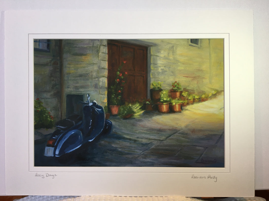 blue moped scooter in foreground  sunlit pathway towards the scooter.  old brown, closed with flowers and potted plants outside.  Image shows the fine art print mounted in white  signed by artist