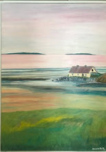 Load image into Gallery viewer, Nanny cottage in a portrait style painting   pink sunrise sky  reflecting on the sea    rushes and grasses are in the foreground