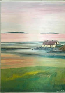 Nanny cottage in a portrait style painting   pink sunrise sky  reflecting on the sea    rushes and grasses are in the foreground