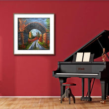 Load image into Gallery viewer, room setting on  a dramatic red wall  with a black piano   painting is framed in the image 