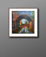 Load image into Gallery viewer, A laneway running under a bridge in Scotland at Autumn time   Bronze and rusty oranges and reds shine against the cool grey blue of the bridge brickwork, sky and reflections on the wet lane
