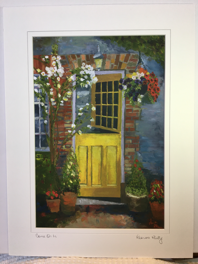 fine art print of a yellow half door - bottom closed, top open   trees and shrubs and potted flowers around the front door