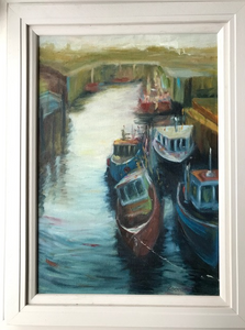 OIl painting of Clogherhead Harbour.  5 fishing boats in foreground.  white frame.  for sale.  pier