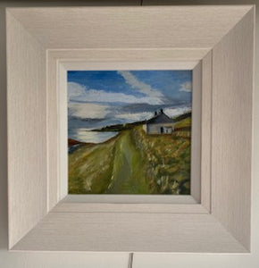 Scene of wilderness in rural Ireland with lonesome cottage on hill alongside the sea below.  Bright blue sky with sun reflecting on water.  Overgrown grasses.  