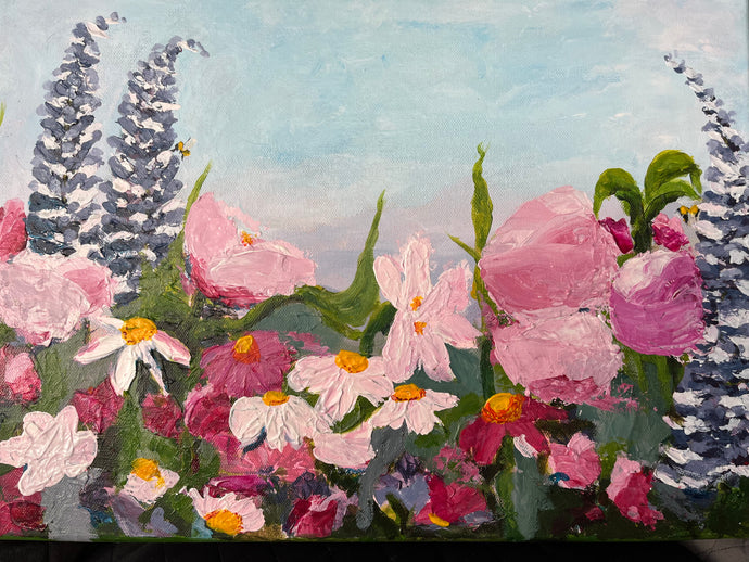 painting full of pinks roses peonies , lupins and daisies 