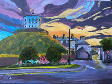 Load image into Gallery viewer, Stunning Sunrise of purple and orange sky over Millmount Tower Drogheda. Acrylilc painting.  Art for sale,  moody atmospheric scene.  gift idea