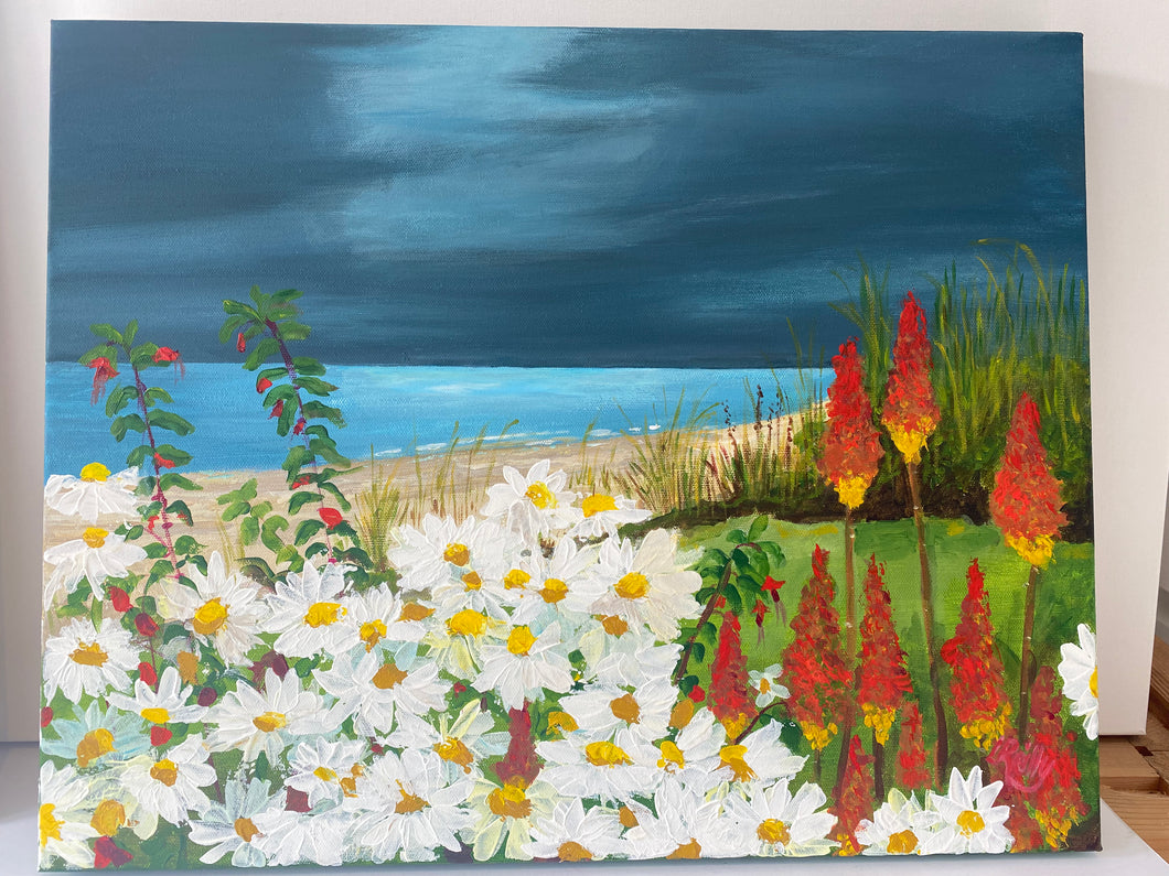 seaside floral painting image with daisies and red hot poker flowers in foreground and sea in background