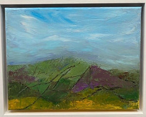 Abstract landscape acrylic painting.  Purple heather on the side of the mountain.  Green fields throughout with golden crops in foreground.  Ireland.  Art for sale.  gift ideas.  Irish abroad