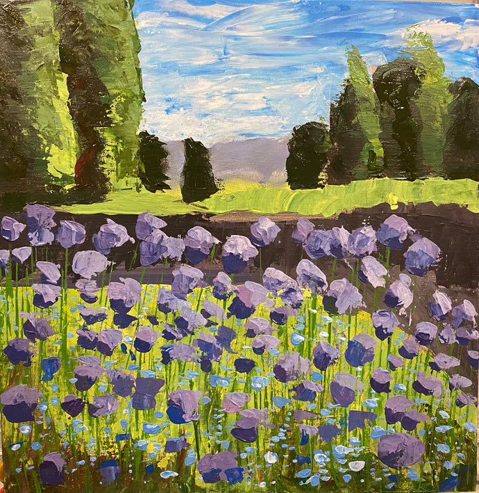 Allumi Gladiatior florals in bloom in foreground of painting.  Small blue cornflower coloured flowers below.  Hill and large forest trees in background  with a bright blue sky.  For sale.  Florals  Acrylics.  gift idea