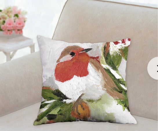 Soft touch cushion with image of red Robin on the front and back.  Photo image from original painting. 