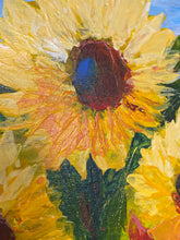 Load image into Gallery viewer, Close up of the sunflower painting - showing one head of a sunflower - the colour change and texture in the petals of the flower.  Sunflowers,  art for sale, gift ideas  florals