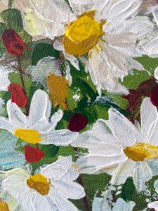 close up detail photo of daisies in acrylic painting