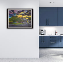 Load image into Gallery viewer, Room setting of a kitchen with the framed image of the Millmount Tower at sunrise on the wall in the foreground