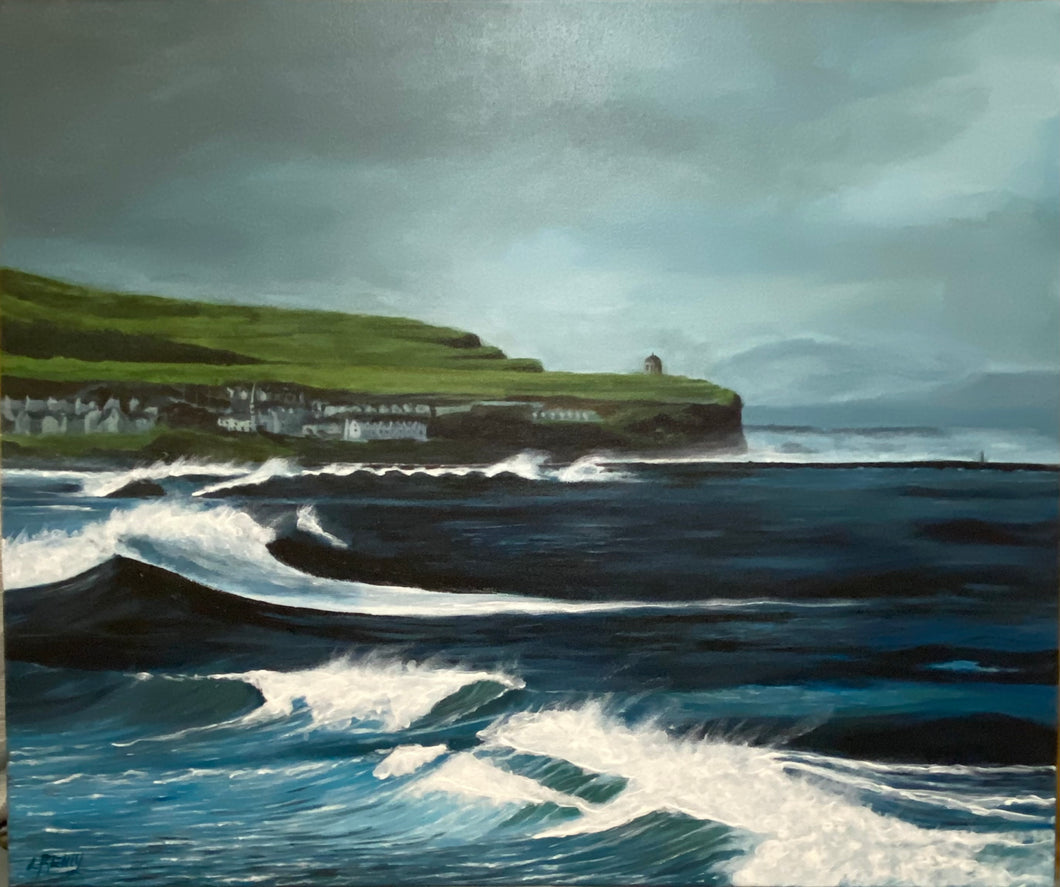 image shows the painting of the stormy seas at Mussenden temple with Castlerock in the background  and Mussenden Temple just above with the fields rolling along behind up the hill   grey blue sky above 