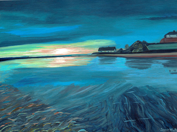 blue Nanny cottage painting - sunrise reflected in the water and a light in the cottage window can be seen
